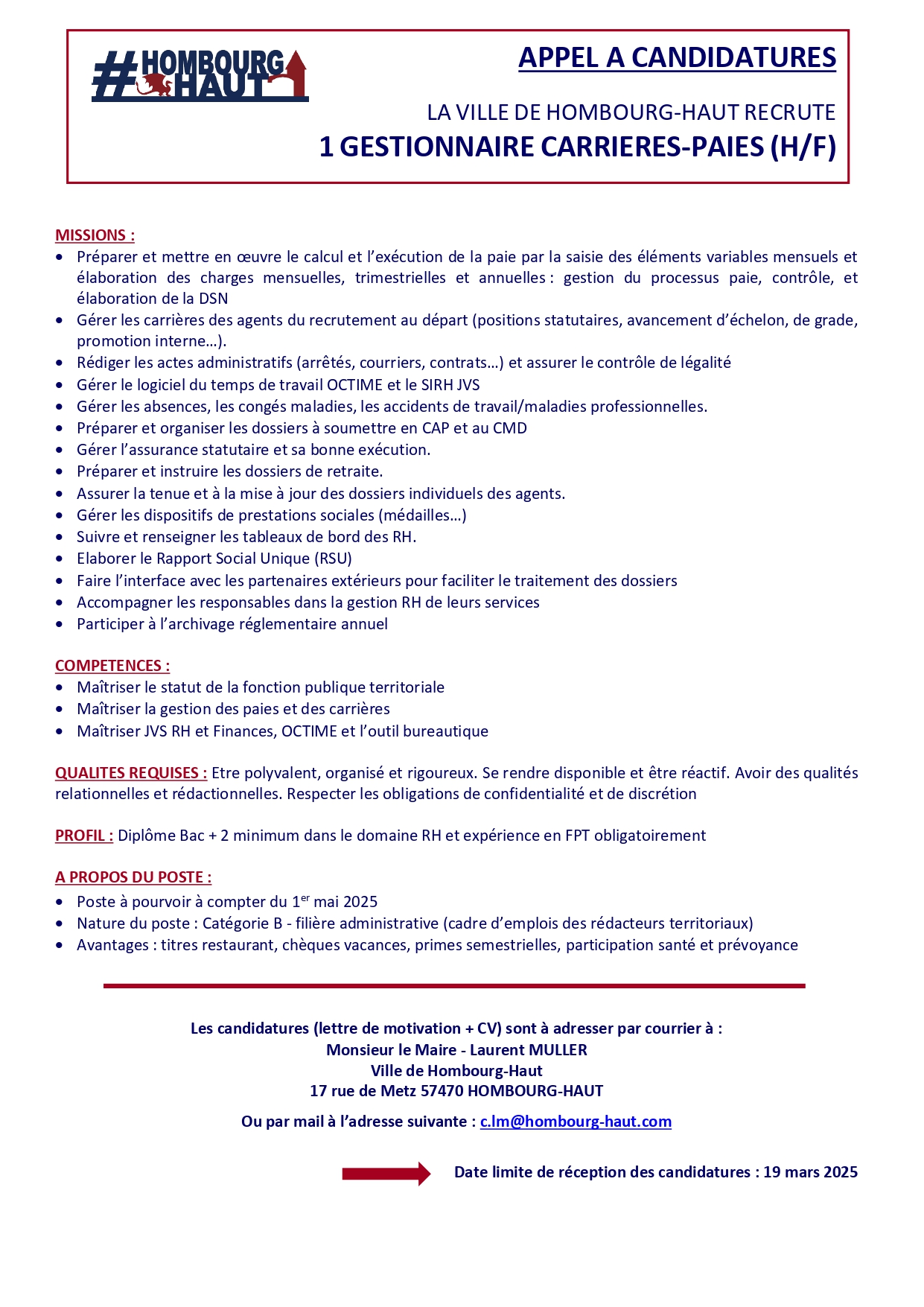 GESTIONNAIRE CARRIÈRES-PAIES H/F